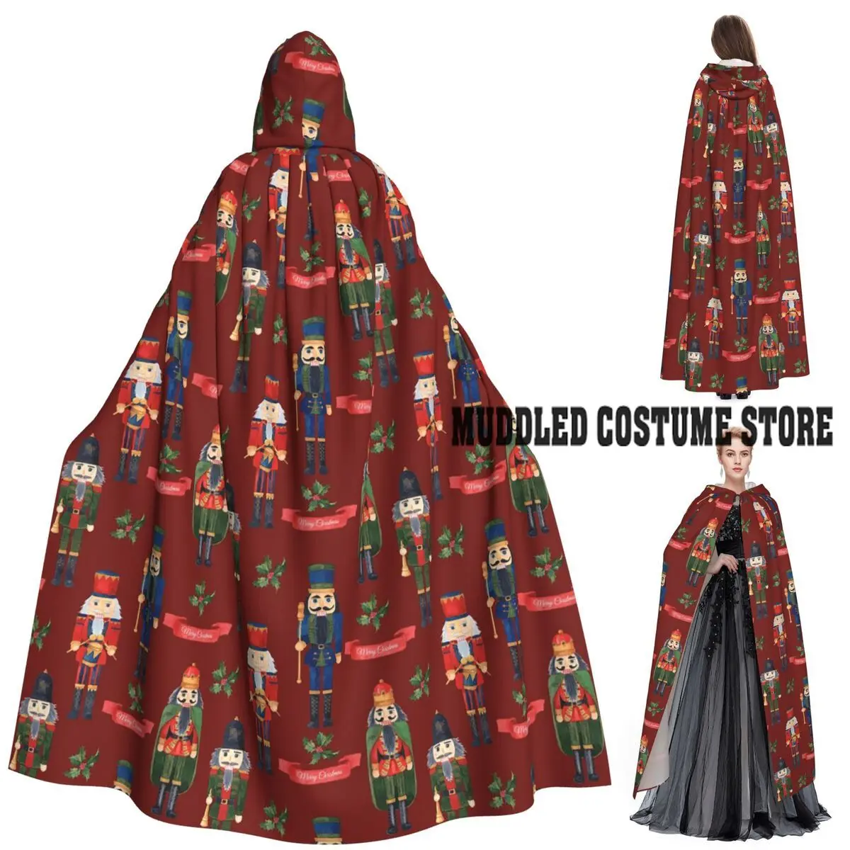 

Christmas Day Xmas Nutcracker Long Hooded Cloak Witch Medieval Costume Cosplay Cape HalloweenCoat Adult Unisex