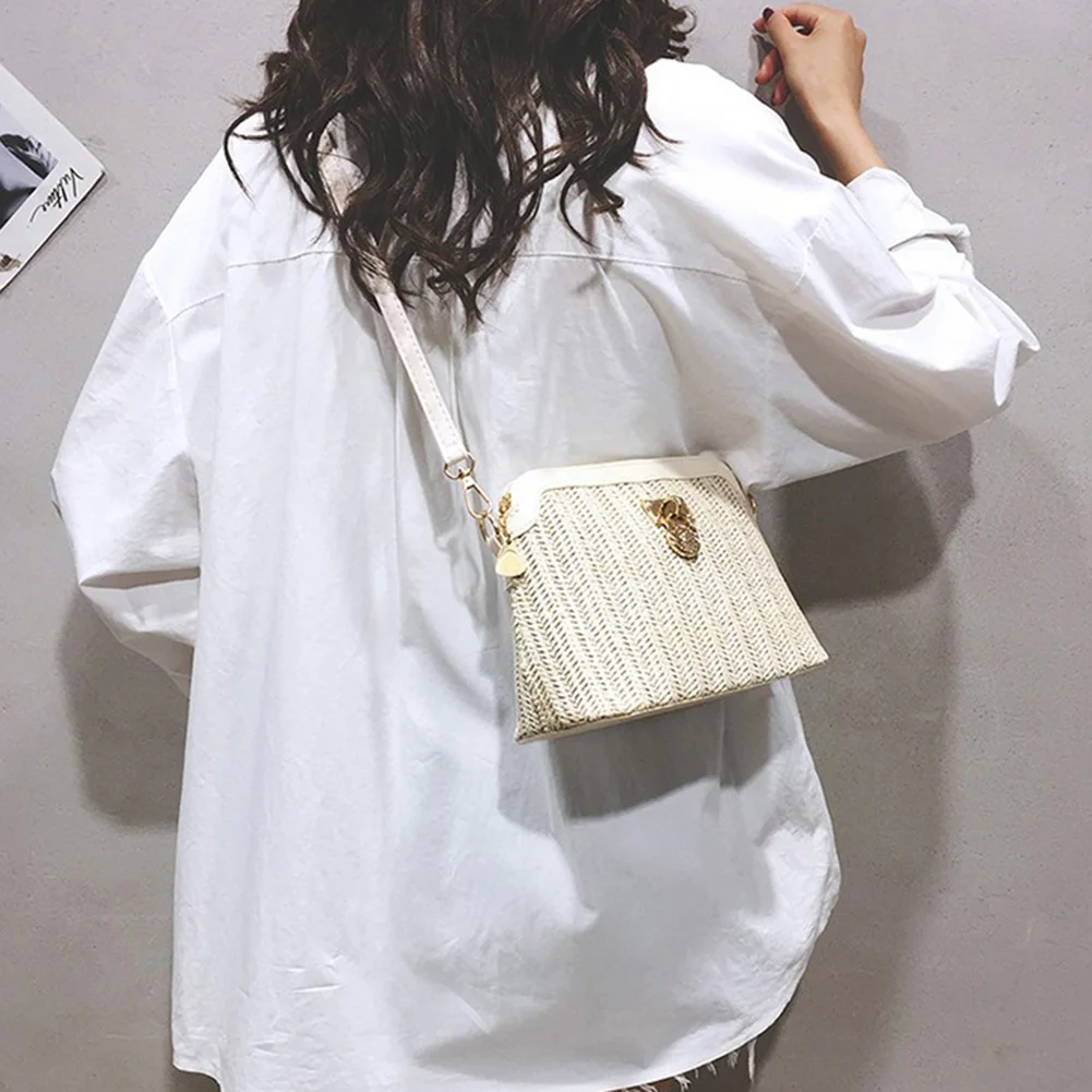 

Korean Straw Shoulder Bags Women Shell Woven Messenger Travel Crossbody Handbags Female Zipper Crossbody Bags