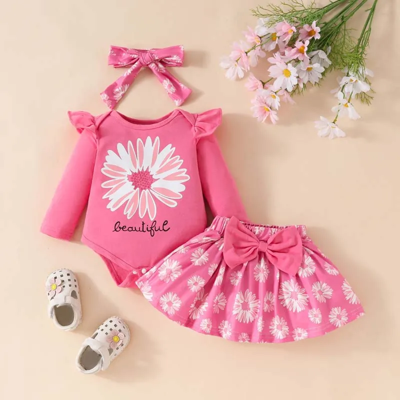 Daisy do recém-nascido Impresso Onesies, roupas de bebê, laço, meia saia do corpo, Hairband Romper Outfits, 0-18 meses, 3Pcs Set