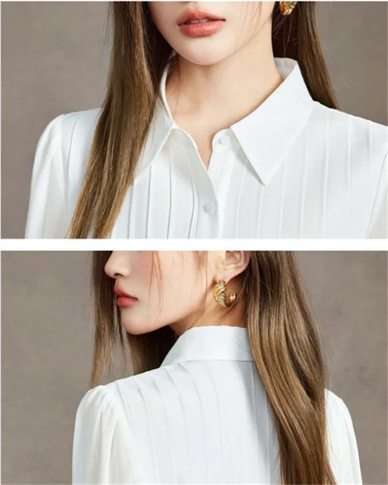 Ladies White Shirt Waist Cinching Top Vertical Pleated Blouse Long-sleeved Chiffon Shirts POLO Button Up Shirt Female Blous