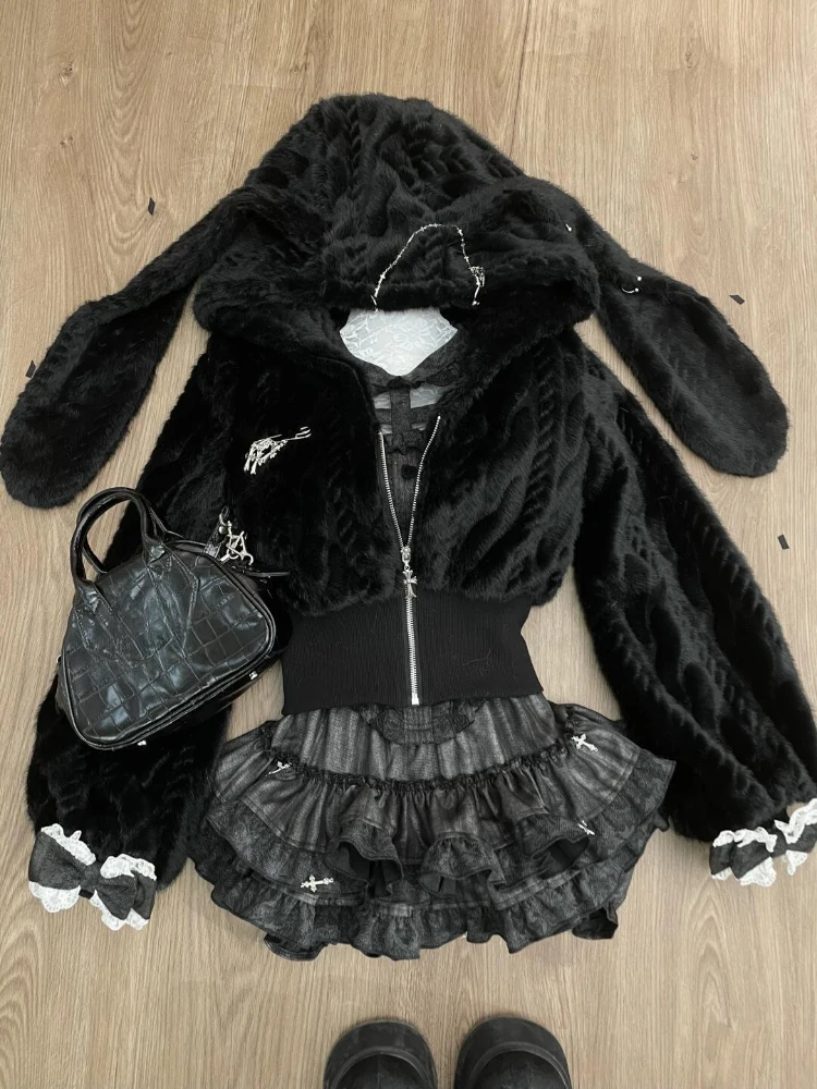 High Street Y2k Winter Knit 3-piece Set Women Design Hot Chick Black Hoodie Aesthetic Slim Pullover + Elastic Waist Skirt Suit