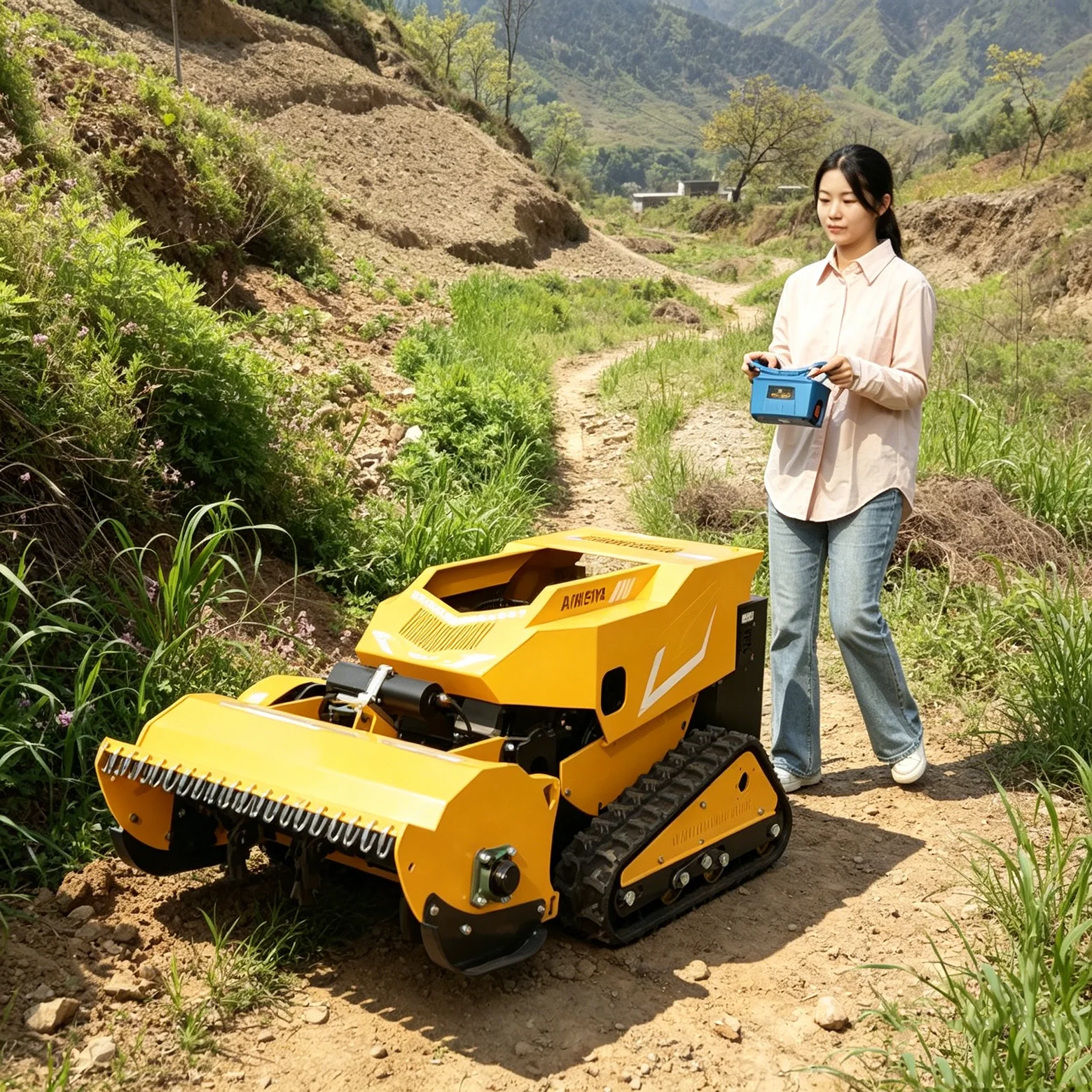 

Customized 800mm 4-stroke DIY industrial grade zero steering remote-controlled tracked lawn mower with snow shovel added