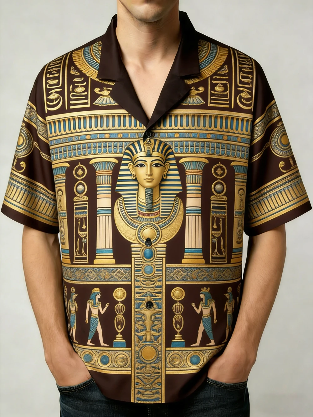 

2026 Men's High-quality Short Sleeved Shirt with Luxurious Golden Baroque String Print, Cuban Collar Shirt, Suitable for Street