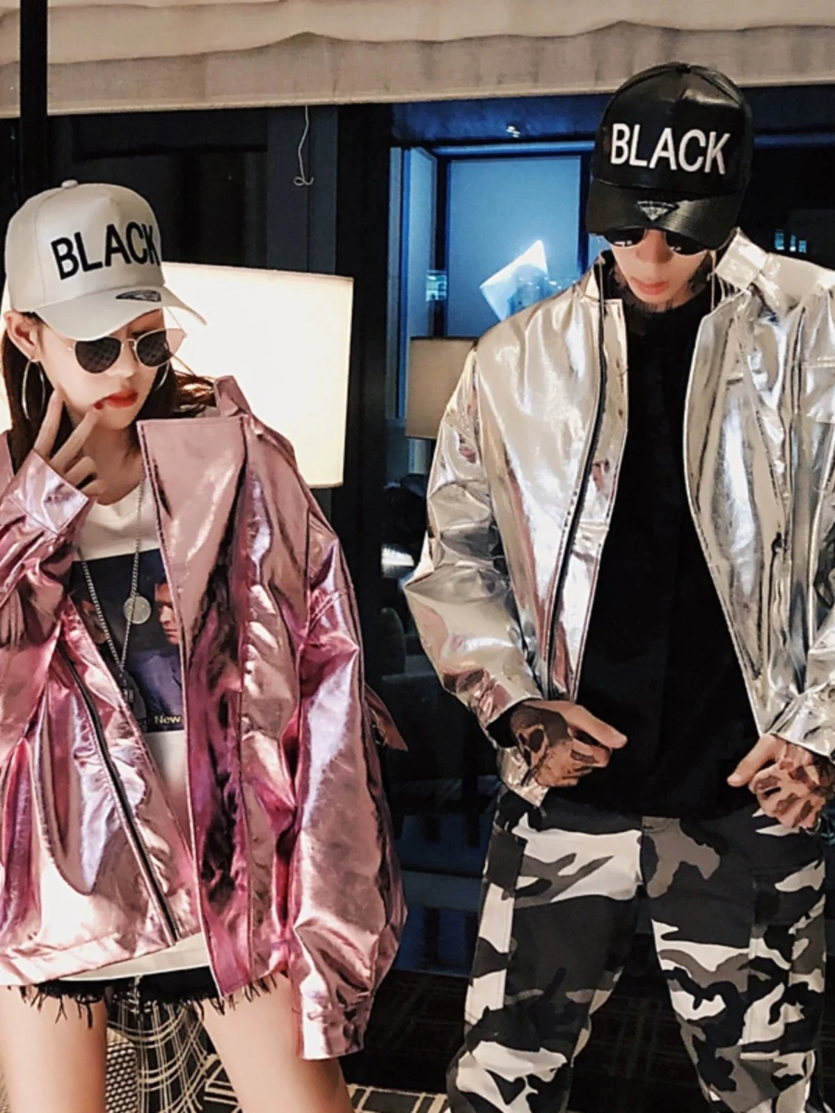 Chaqueta Delgada Estilo Urbano para Parejas, Traje de Discoteca, Disfraz para Actuaciones de Baile, Ropa Urbana de Cuero PU, Manga Larga con Cierre de Cremallera