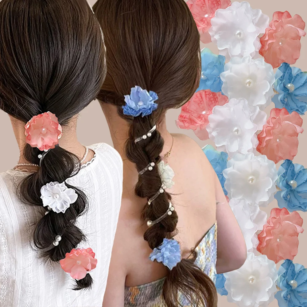 

Summer Flower-Shaped Beaded Telephone Cord Hairband Fashion Women Girls Hair Tie Ponytail Hair Loop Headwear Hair Accessories