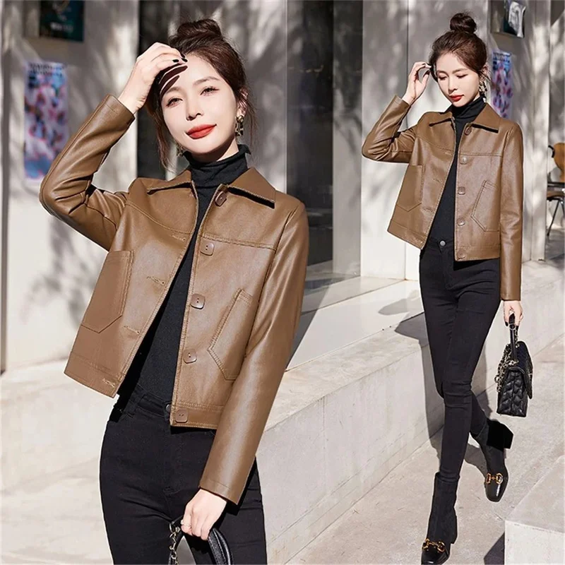 Nuovo stile occidentale primavera e autunno giacca corta in pelle da donna bavero giacca casual da donna giacca in pelle alla moda versatile