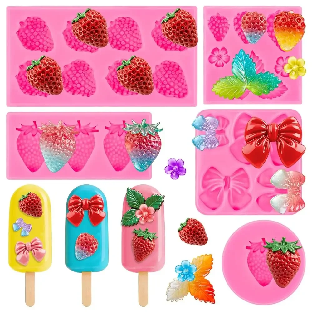 

5Pcs Strawberry Baking Molds, Silicone Strawberry Fondant Mold 3D Bow Flower Fruit Shape Cake Molds DIY for Jelly Clay Making