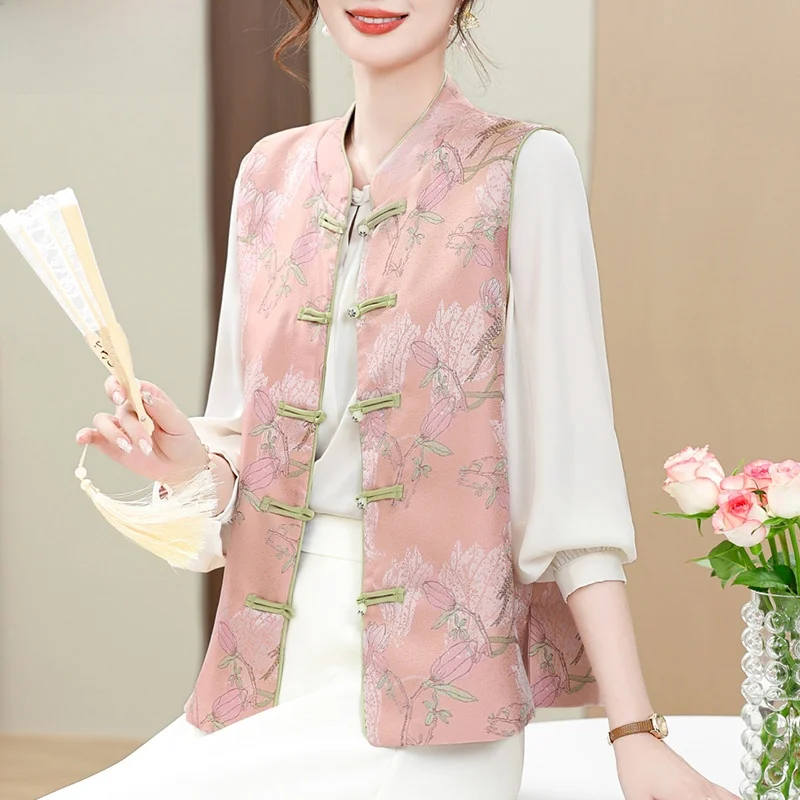 

New Chinese Sle Jaet Vest Middle-Aged Women's Spring Faion Outerwear Stand Collar Traditional Tang Costume Top for Mom