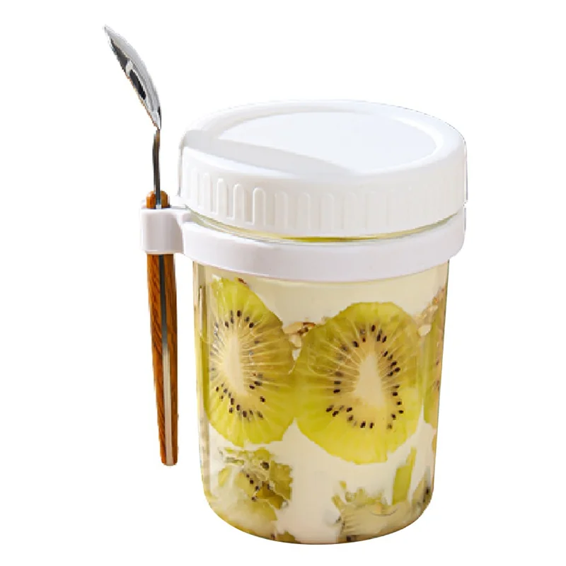 AY03-حاويات الشوفان بين عشية وضحاها مع أغطية وملاعق - للحليب والحبوب والفاكهة ومرطبانات الشوفان