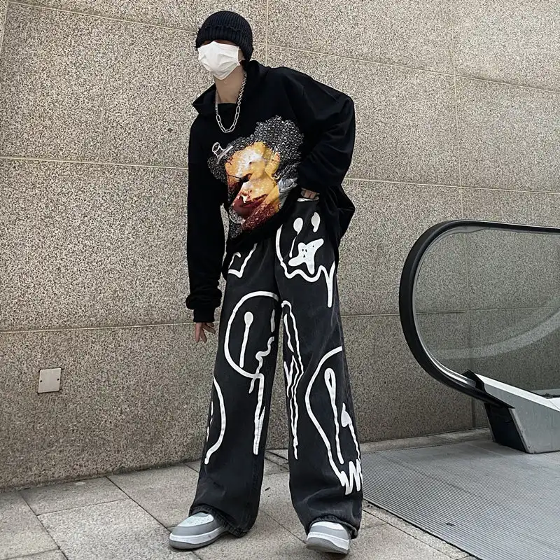 REDDACHIC Retro Black Cartoon Face Baggy Jeans Men Graffiti Graphic Print Wide Leg Casual Pants Trashy Y2k Harajuku Streetwear