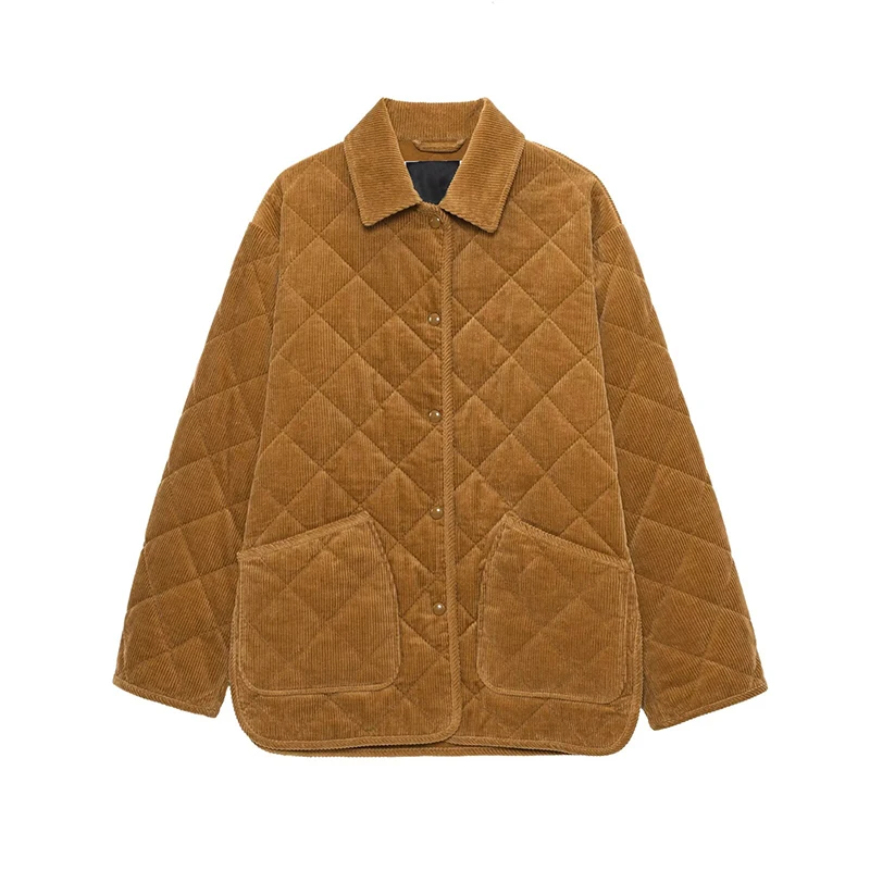 

2 colors2025 Women Quilted Brown Corduroy Jacket Front Button Long Sleeve With Pockets Vintage Coat Autumn Winter Warm Outerwear