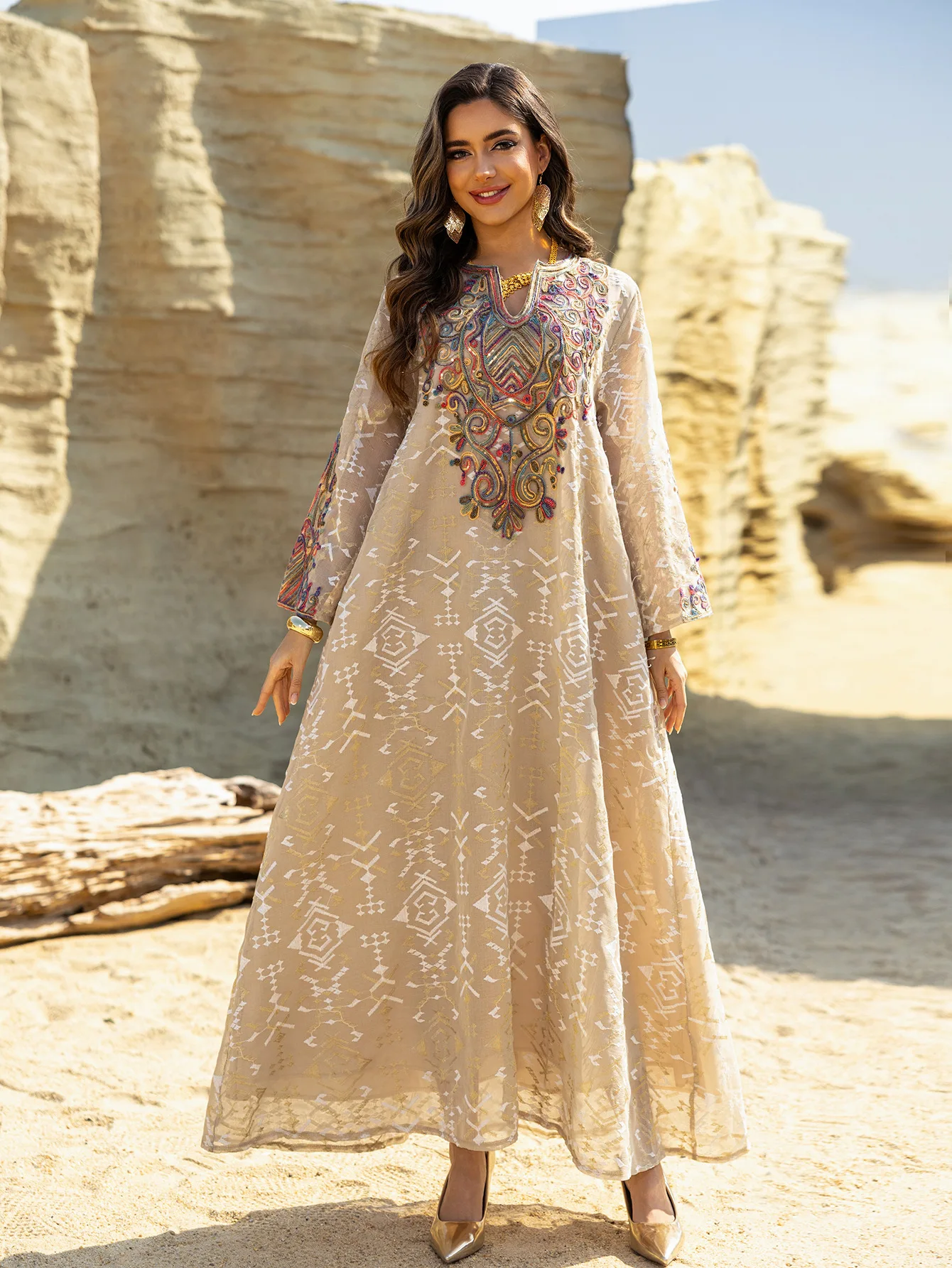 Abaya muçulmano Jalabiya moda malha bordada emendada ​ ​ Robe Médio Oriente Mulheres Vestido de Noite Mangas Compridas Vestidos de Festa