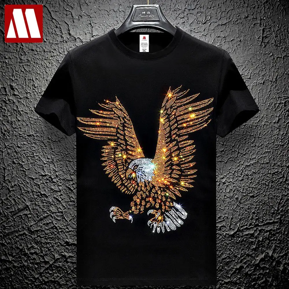 Fashion Streetwear Man Falcon Clothing Animal Eagle 3D Rhinestone T-shirt Summer Casual Men Hawk T shirts Male Short Sleeve Tops