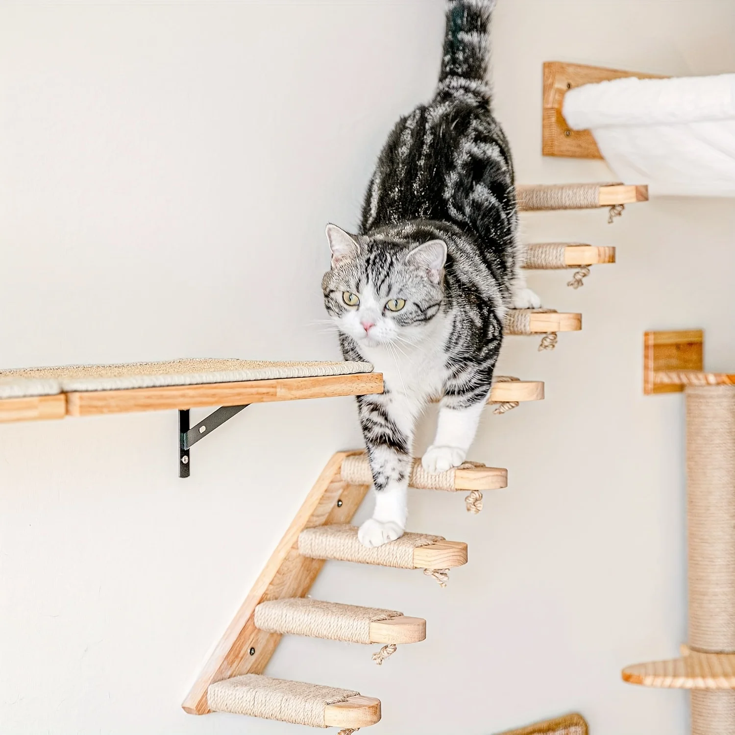 

Cat Climbing Shelf Wall Mounted Wooden Cat Wall Ladder With 4 Steps Sisal Cat Scratching Stairs Platform Jumping Pet Furniture