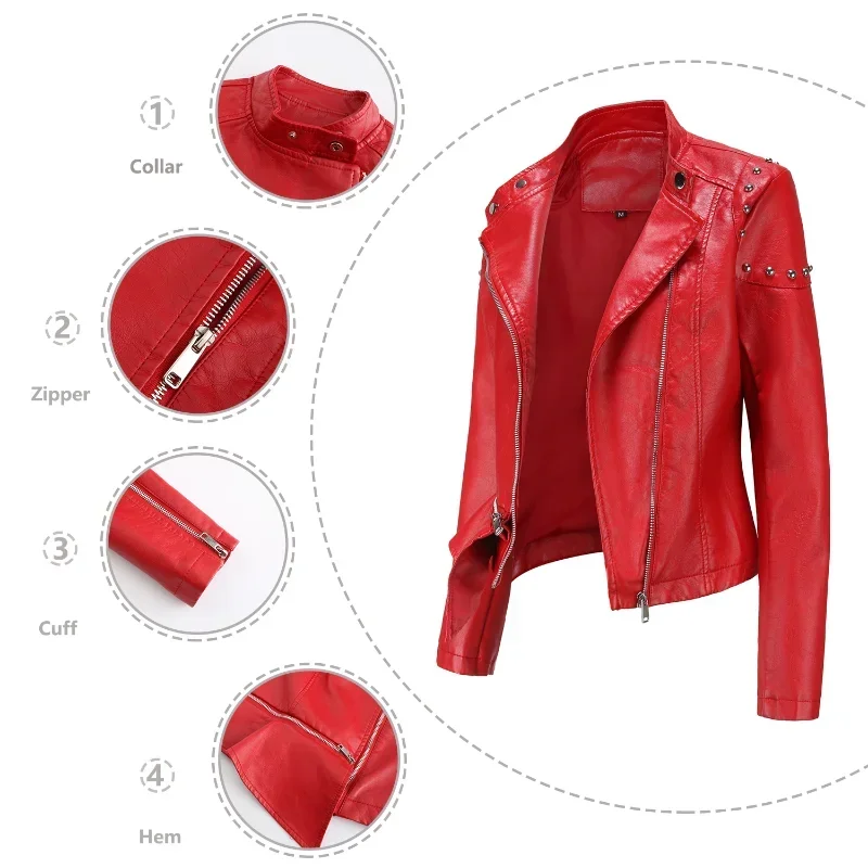 BTQWFD Motor Biker Tops Rivet Jackets Women\'s Stand Collar Winter Faux Leather Irregular Hem PU Coat 2024 New Autumn With Pocket