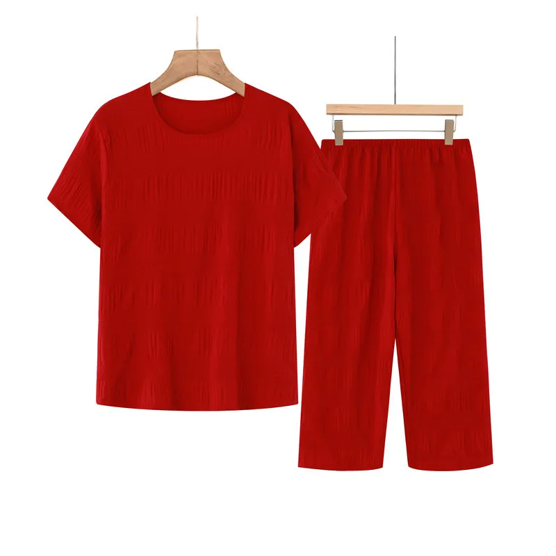 Summer Breathable Cotton Two Piece Set Casual Short Sleeve Pants Sleepwear Suit Pajamas For Women Plus Size Pijama Mujer