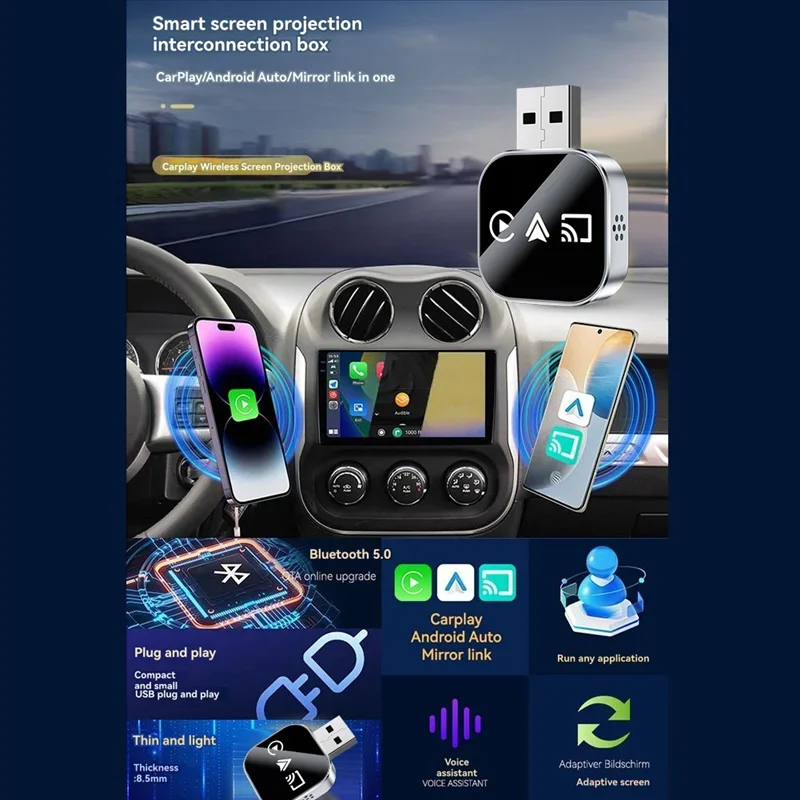 อะแดปเตอร์ดองเกิล USB 3in1 สำหรับเชื่อมต่อ Carplay แบบไร้สาย Smart Mirror Link Carplay Android Auto แปลง Carplay แบบใช้สายเป็นไร้สาย แบบเสียบและใช้งานได้ทันที