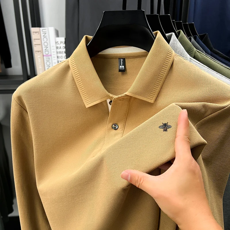 

100%cotton Men's Autumn Long-sleeved Polo shirt High quality Collar Embroidery Little bees T-shirt Casual Fashion Men's Clothing