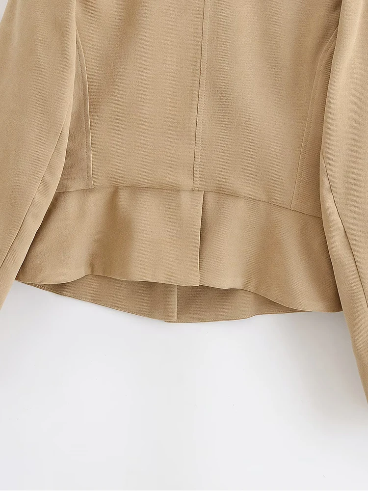 เสื้อแจ็คเก็ตผู้หญิงแฟชั่นฤดูหนาวใหม่ สไตล์วินเทจ ผ้าหนังกลับเทียม ทรงพองไหล่ คอตั้ง ทรงเข้ารูป เรียบหรู สีกากี