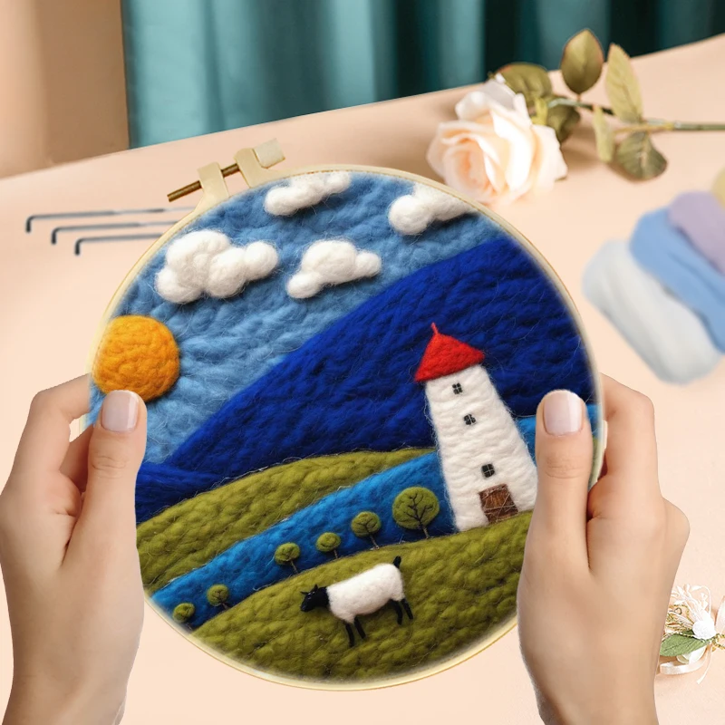 

House Scenery Wool Needles Felt Painting For Adults Wool Felting Embroidery Mountains Kits Supplies Diy Craf 20x20cm