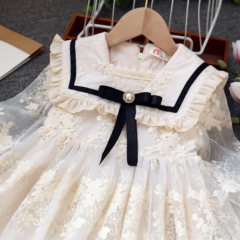 Girls Princess Mesh Dress Children Long-sleeved Lace Gown New Children\'s Sweet Bow Dresses Girl Birthday Party Tulle Dress