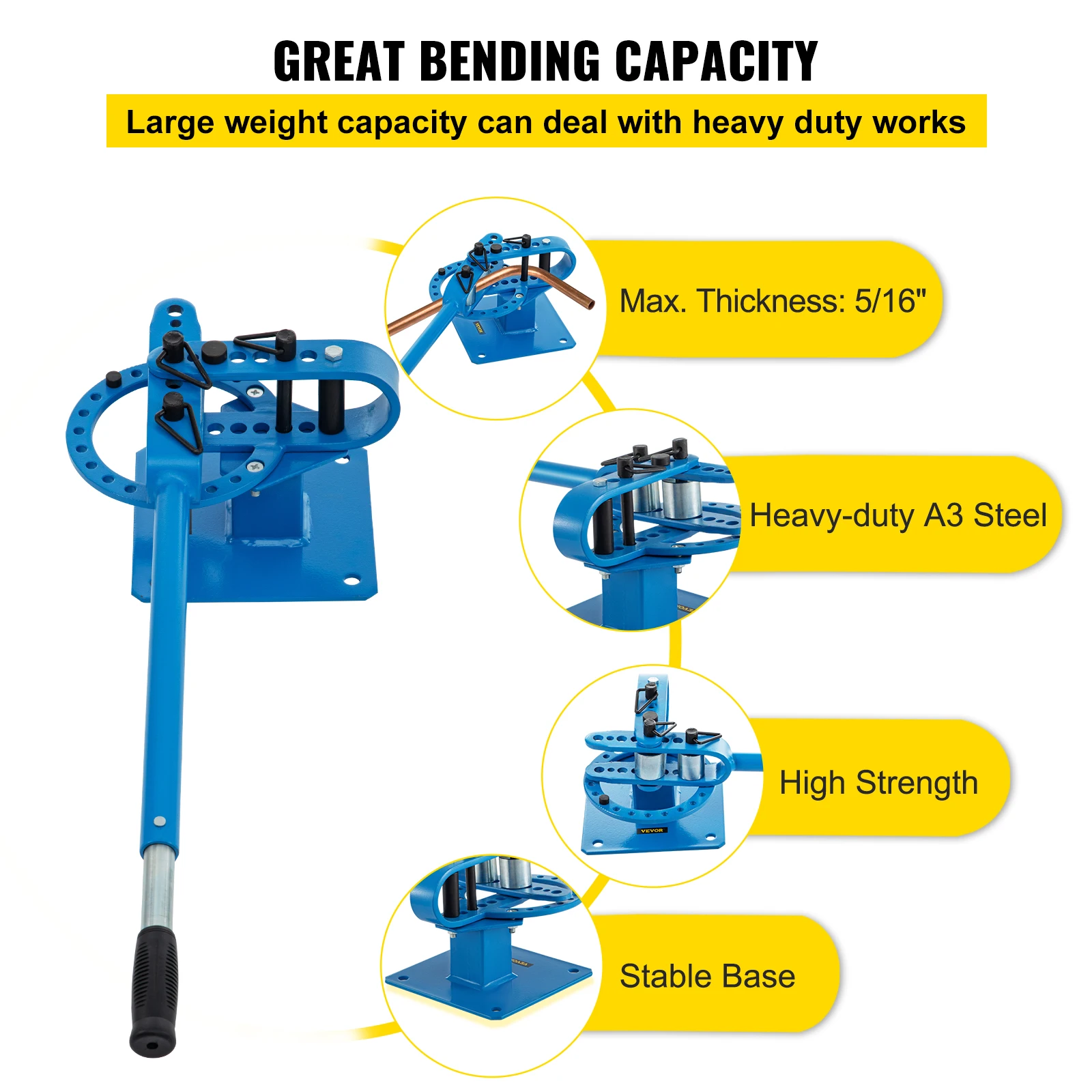 VEVOR Pipe Bender YP-9 Manual Bench Steel Tube Bending Kit with 7Dies 1-3in Multifonction Compact Flat Bar Rod Brake Bends Tool