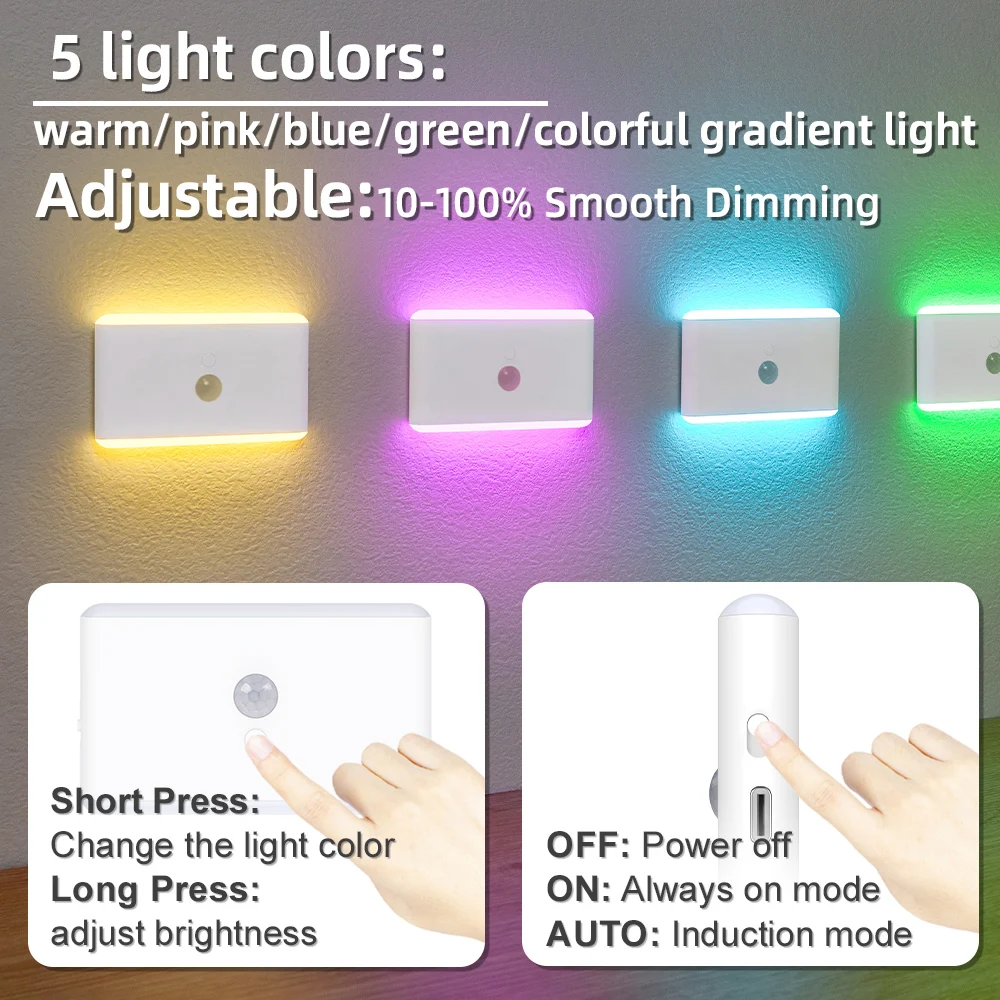 Night Light with Motion Sensor Indoor Battery, Bright LED Lamp 3 Modes Stair Lighting, Dimmable LED Lights, for Bedroom, Cabinet