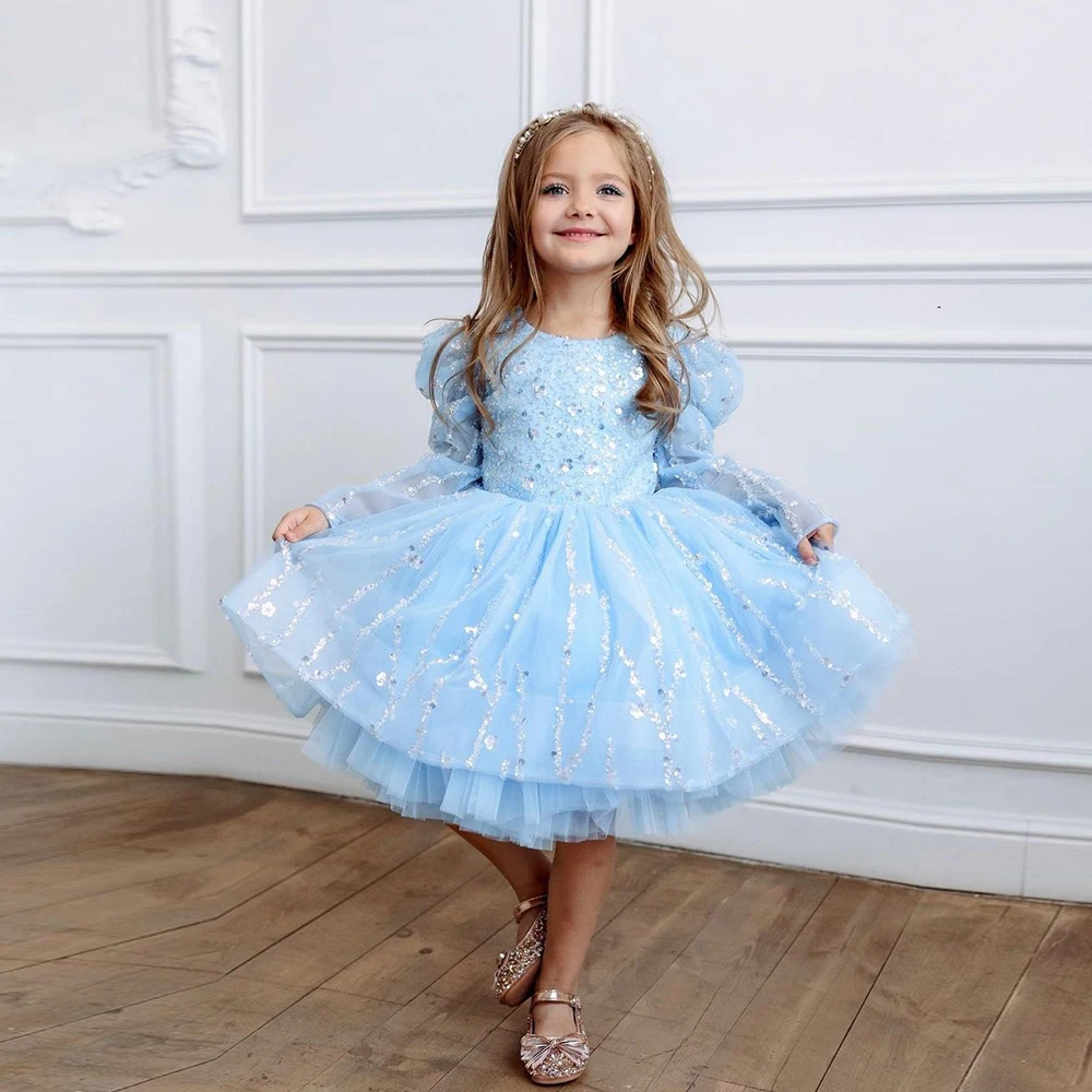 

Full Sleeve Sky Blue Flower Girl Dresses Sequined 2023 Summer Tutu Communion Dresses Girls Wedding Party Gowns