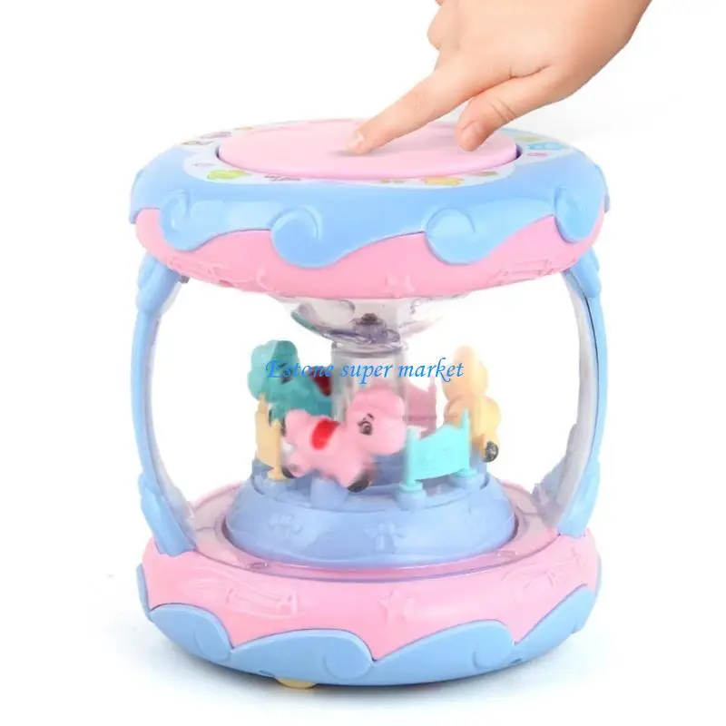 090B Brinquedo tambor mão formato giratório desenho animado com luzes coloridas Brinquedo apresentações música