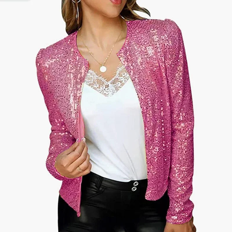 

Spring Sequin Short Women's Jackets Glitter Long Sleeve Fashion Casual Elegant Outwear Office Ladies Solid Street Trend Coats