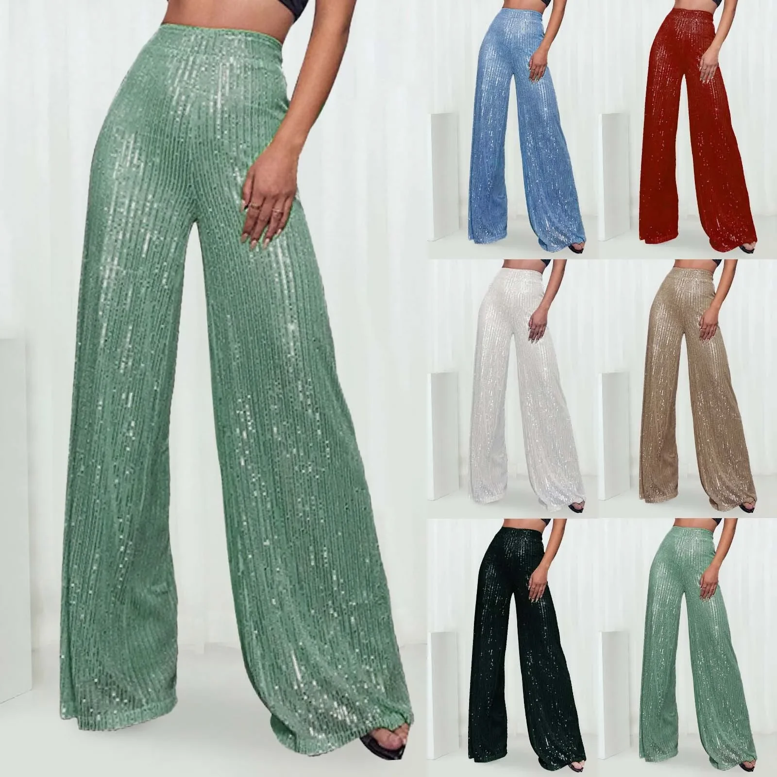 Women's Fashion Sequined Flared Pants Sparkling High Waist Wide-Legged Pants Female Elegant Casual Trousers Streetwear Mujer