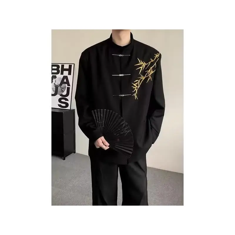 

New Chinese Style Loose Fit Embroidered Bamboo Jacket Stand Collar Menswear Casual Suit Outerwear Comfortable Long Sleeve