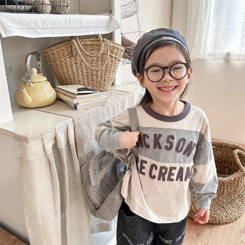 

Fashion Letter Embroidery Children Long Sleeve T Shirts Autumn Girls Striped T Shirts Kids Casual Tops Baby Bottoming Clothes