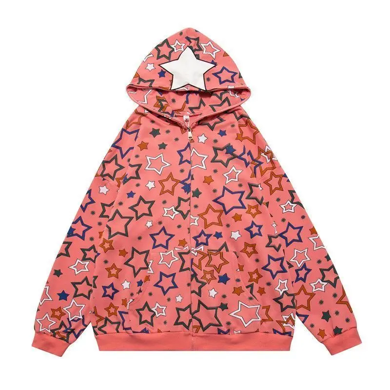 Y2k Print Five Point Star Hoodies Women Loose  Zip-up Hooded Shirt Coat Autumn New Aesthetic Woman Sweatshirts Outwear Clothes