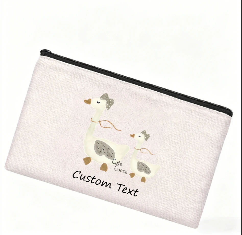 1PC Custom Text Cute Bow‑knot Goose Print Cosmetic Bag Personalized Canvas Zipper Small Item Storage Pouch
