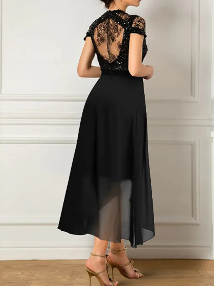 Black Casual Mother of the Bride Groom Dress Knee-Length Sparkle Lace Chiffon Sequin Mermaid Wide-Waist Floral Bow