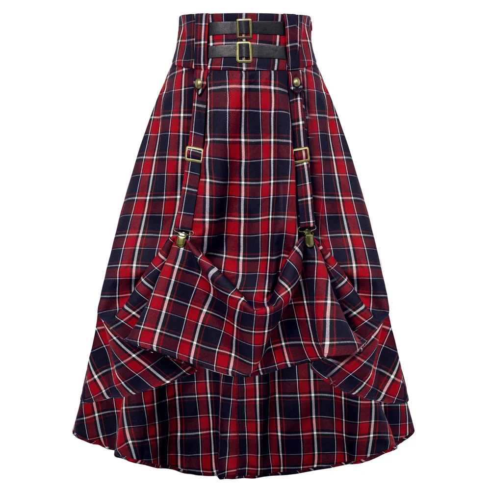 Fashion Women Goth Steampunk Skirt High Waist Stretch Midi A-Line Skirt With Pockets Renaissance Length Adjustable Punk Skirts