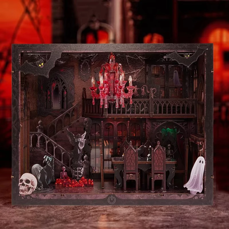 DIY Wooden Book Nook Figurines Halloween Dark House Bookend with Lights Bookshelf for Friends Birthday Gifts Home Decor Crafts