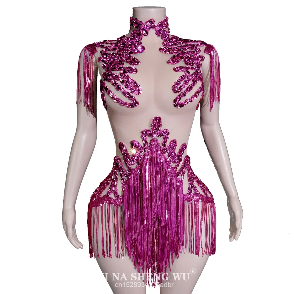 Sexy Mesh Sheer Black Strass Strass Body Cantante Ballerino Spettacolo Abito da palcoscenico Festeggia l'abbigliamento da ballo per feste