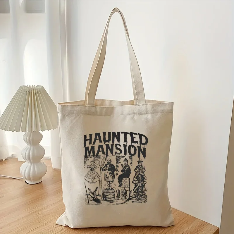 The Haunted Mansion Pattern Tote Bag,Canvas Shoulder Bag Daily Commuting, Women's Reusable Shopping Bag, Best Gift.