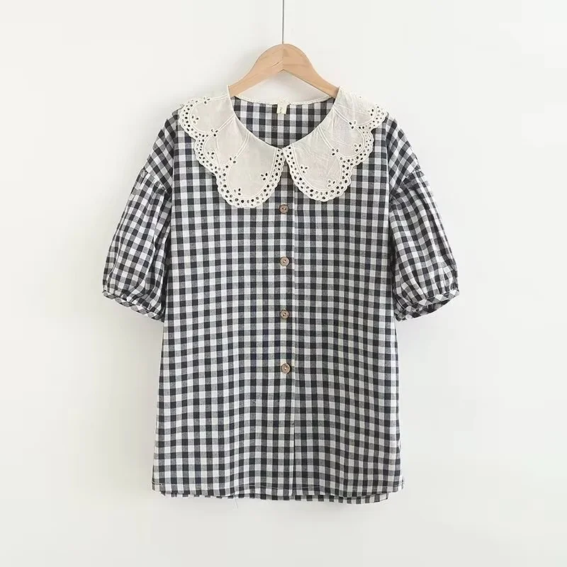 Clearance New Spring Cotton Sweet Shirt Women Short Sleeve Peter Pan Collar Plaid Tops Girl Fashion Casual Blouses