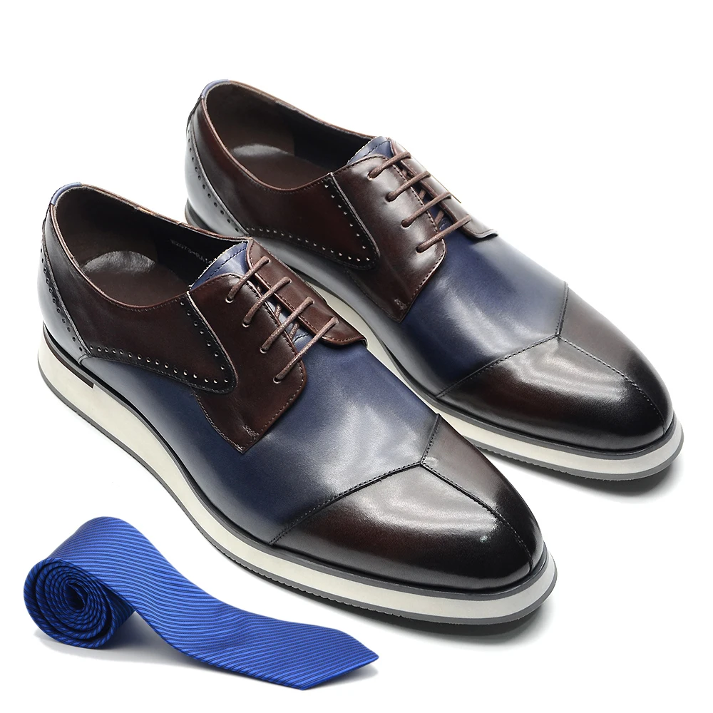 

Luxury Derby Mens Casual Dress Shoes Original Genuine Leather Color Block Lace-up Handmade High Quality Flat Sneakers Shoes Man