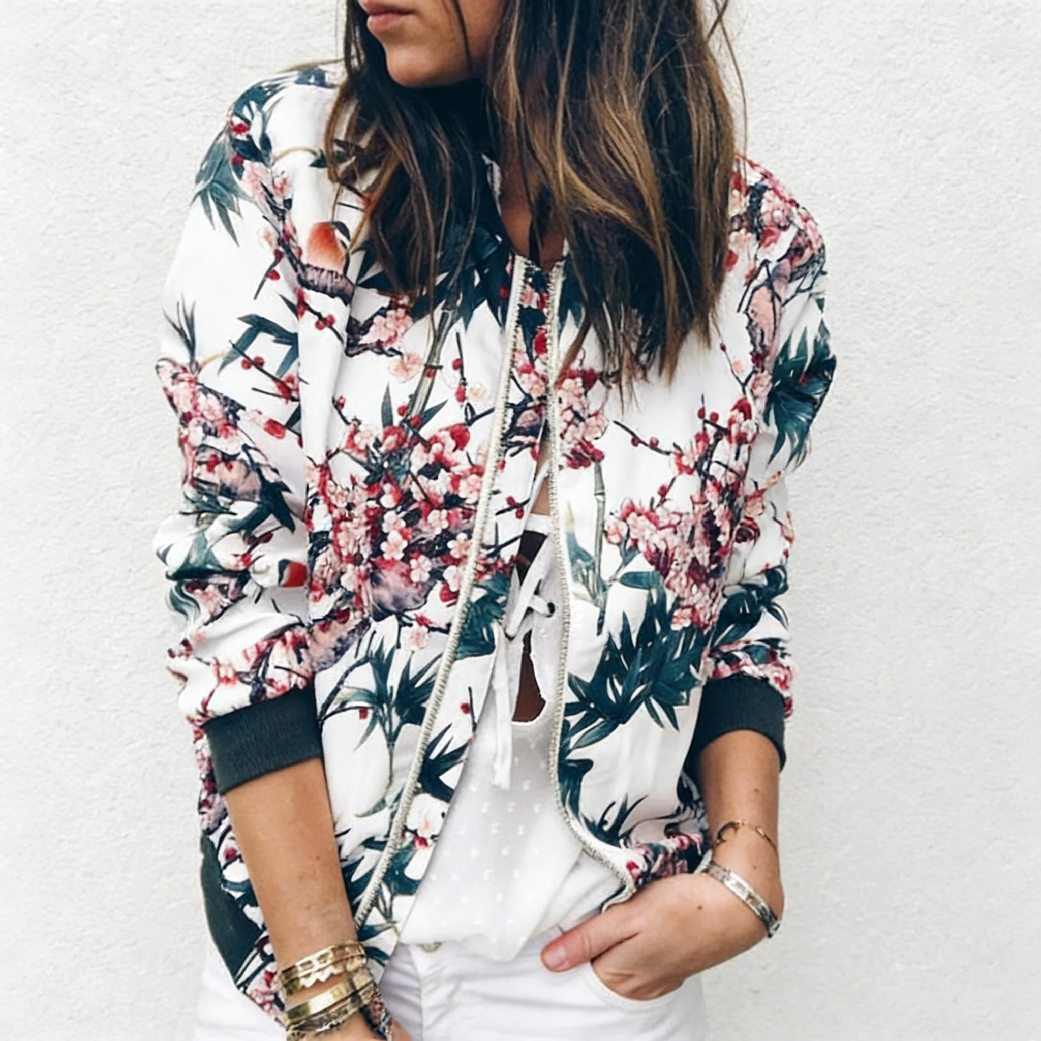 

Zagros Women Spring Autumn Bomber Jacket, Floral Print Round Neck Zipper Long Sleeve Casual Outerwear Coat