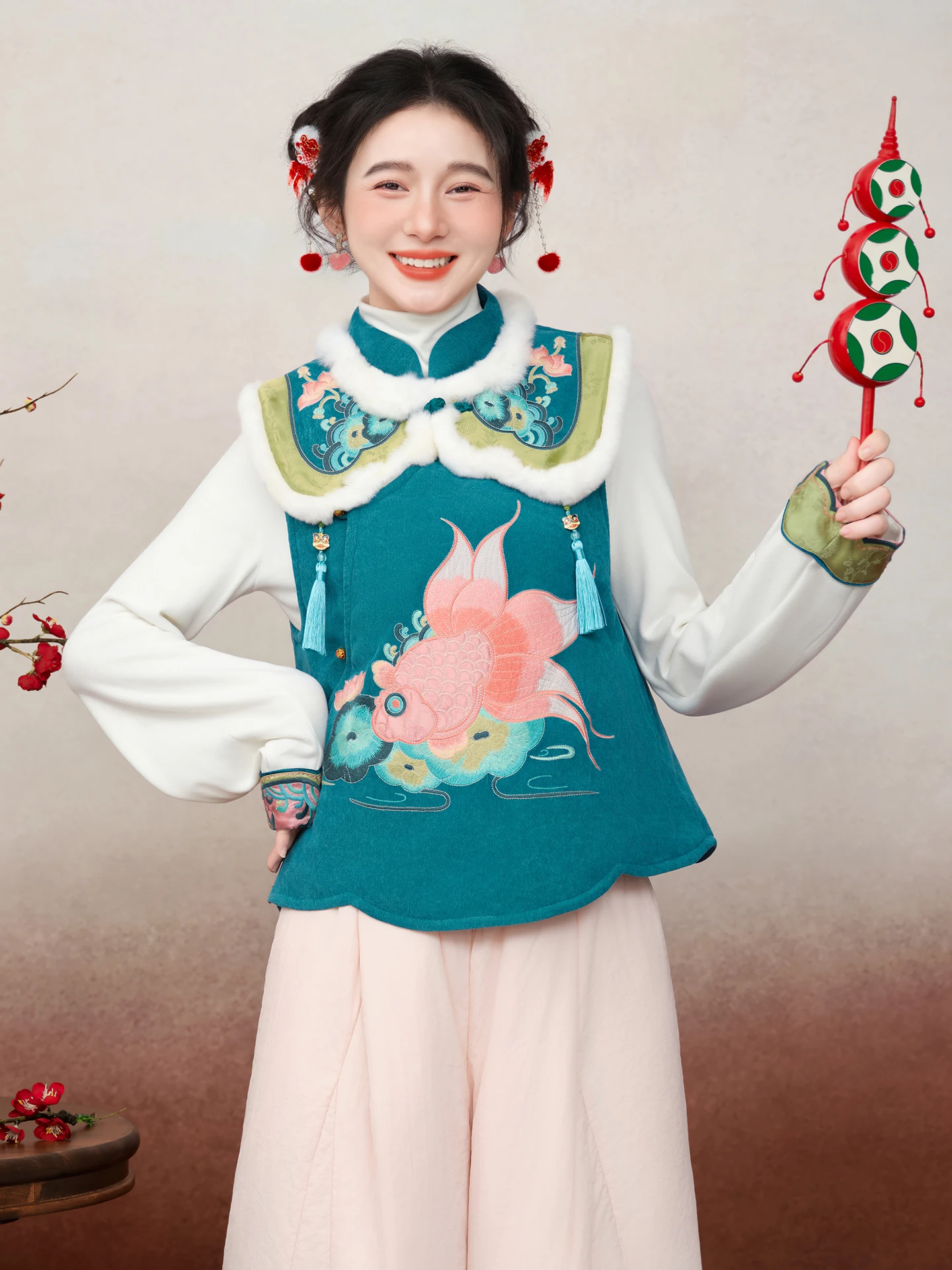 

Original Winter New Heavy Embroidery Rabbit Fur Collar Cotton Vest Spring eeting Lotus Fi Design Commute Sle Pure Color