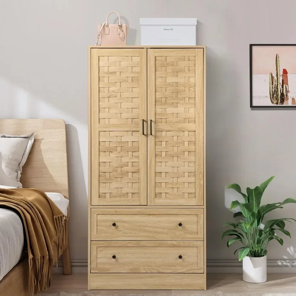 Wardrobe Cabinet With 2 Storage Drawers and Hanging Rail Bedroom Furniture Armoire Wardrobe Closet With 2 Woven Doors Coat Racks