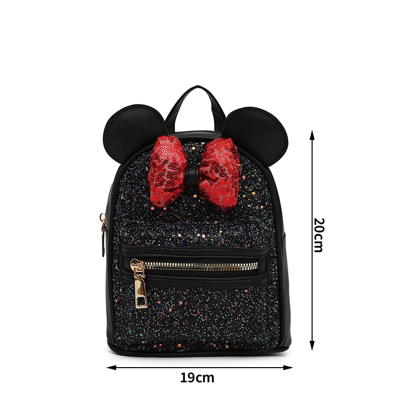 Disney Sequins Backpack Minnie Mouse Bow Fashion Glitter Backpacks Girls Kawaii PU Leather Travel Backpack Birthday Gifts