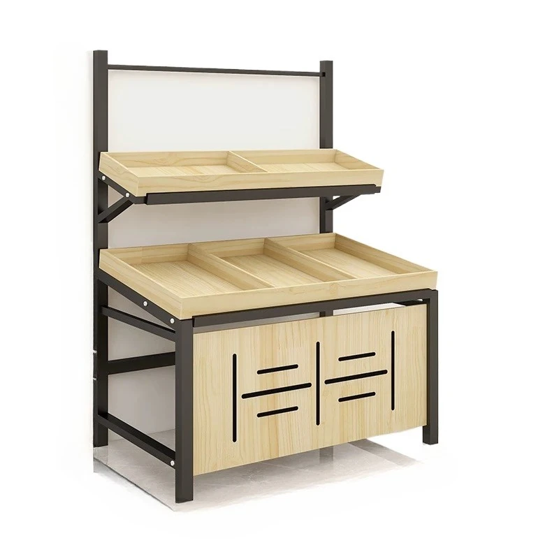 custom.3 Layers Wooden Vegetable Shelf Double-side Fruit Stand Fruit and Vegetables Display Rack Supermarket
