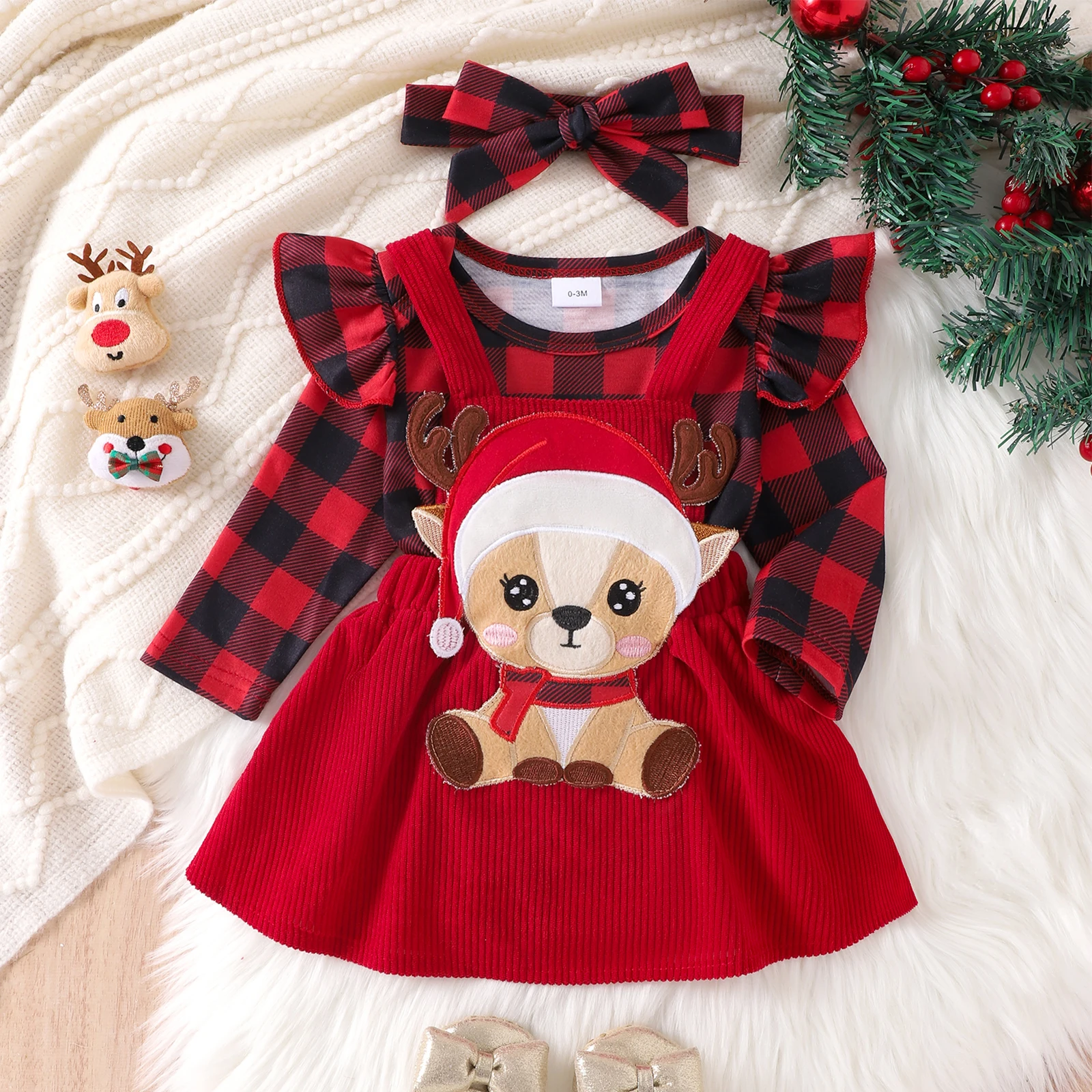 

VISgogo Baby Girl Christmas/Thanksgiving/Halloween Outfit Ruffle Long Sleeve Romper Reindeer Patch Suspender Skirt Headband 3Pcs