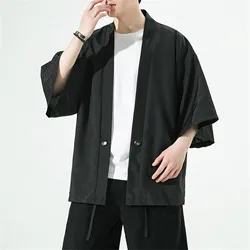 Men Kimono Shirt Traditional Japanese Style Clothing Male Open Front Cardigan 3/4 Sleeve Yukata Coat Haori Casual Beach Shirts