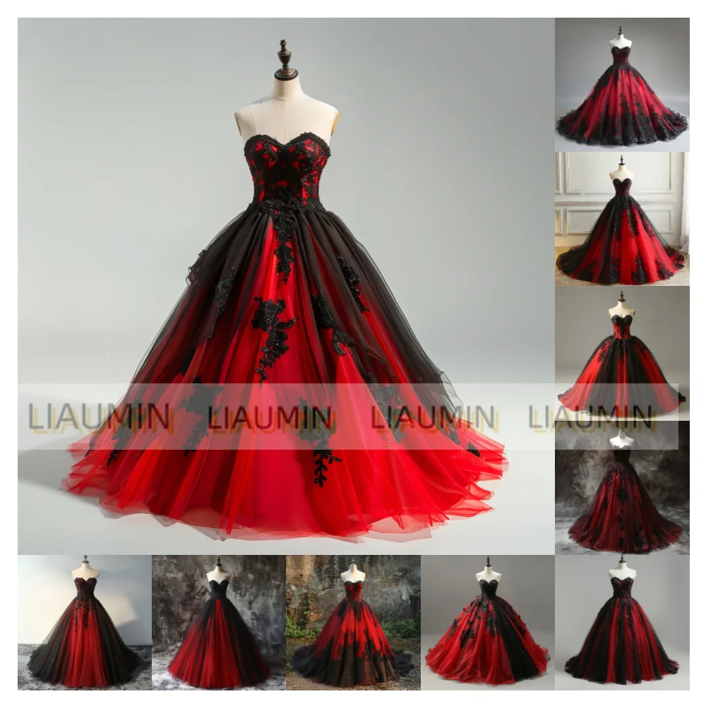 Hand Made Red And Black Lace Applique Prom Dress Elegant Strapless Lace-up Evening Brithday Stunning Clothing Customized W15-51